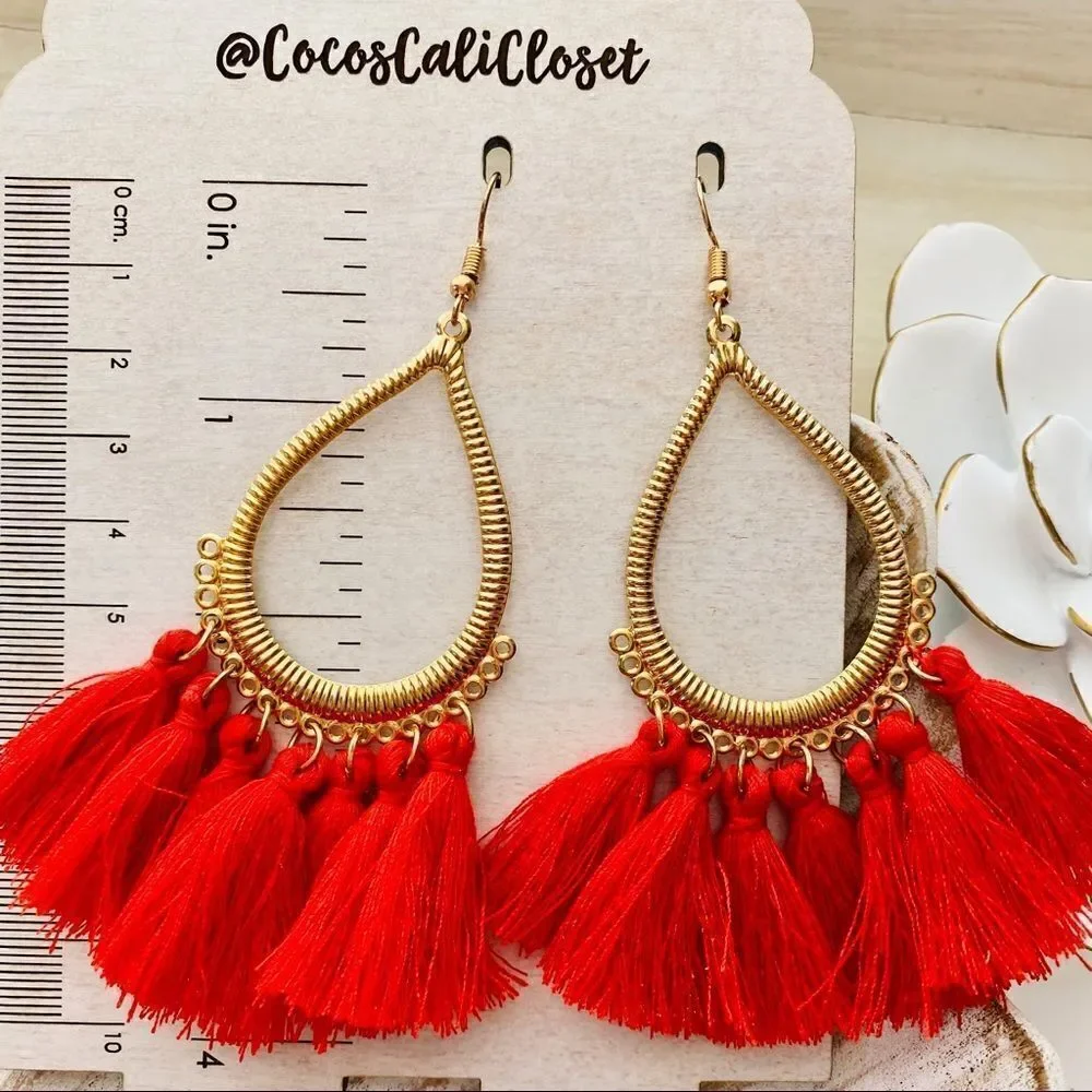 Boho Tassel Drop Hoop Earrings NWT